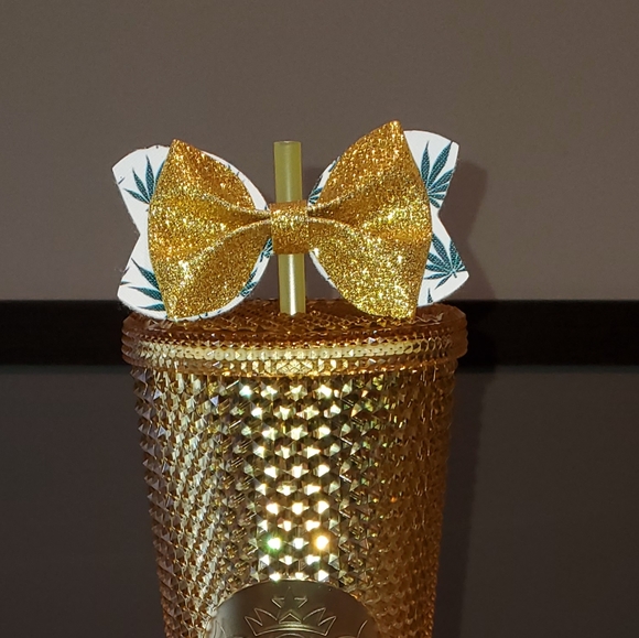 Accessories - Yellow Glitter Leaf Bow Straw Topper